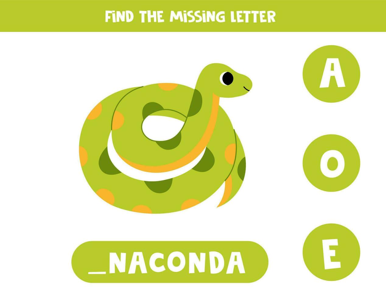 Find missing letter with cartoon green anaconda. Spelling worksheet. vector