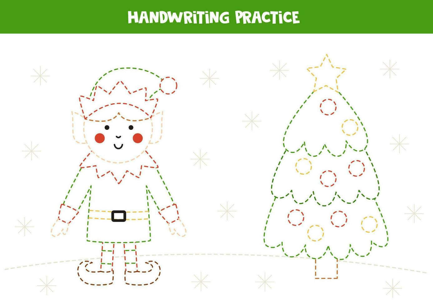 rastreo líneas para niños con linda Navidad árbol y duende. escritura práctica. vector