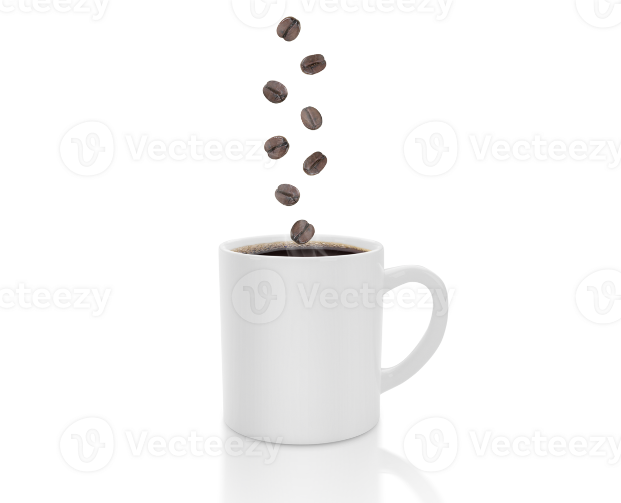 Coffee cup with smoke falling coffee beans. transparent background png