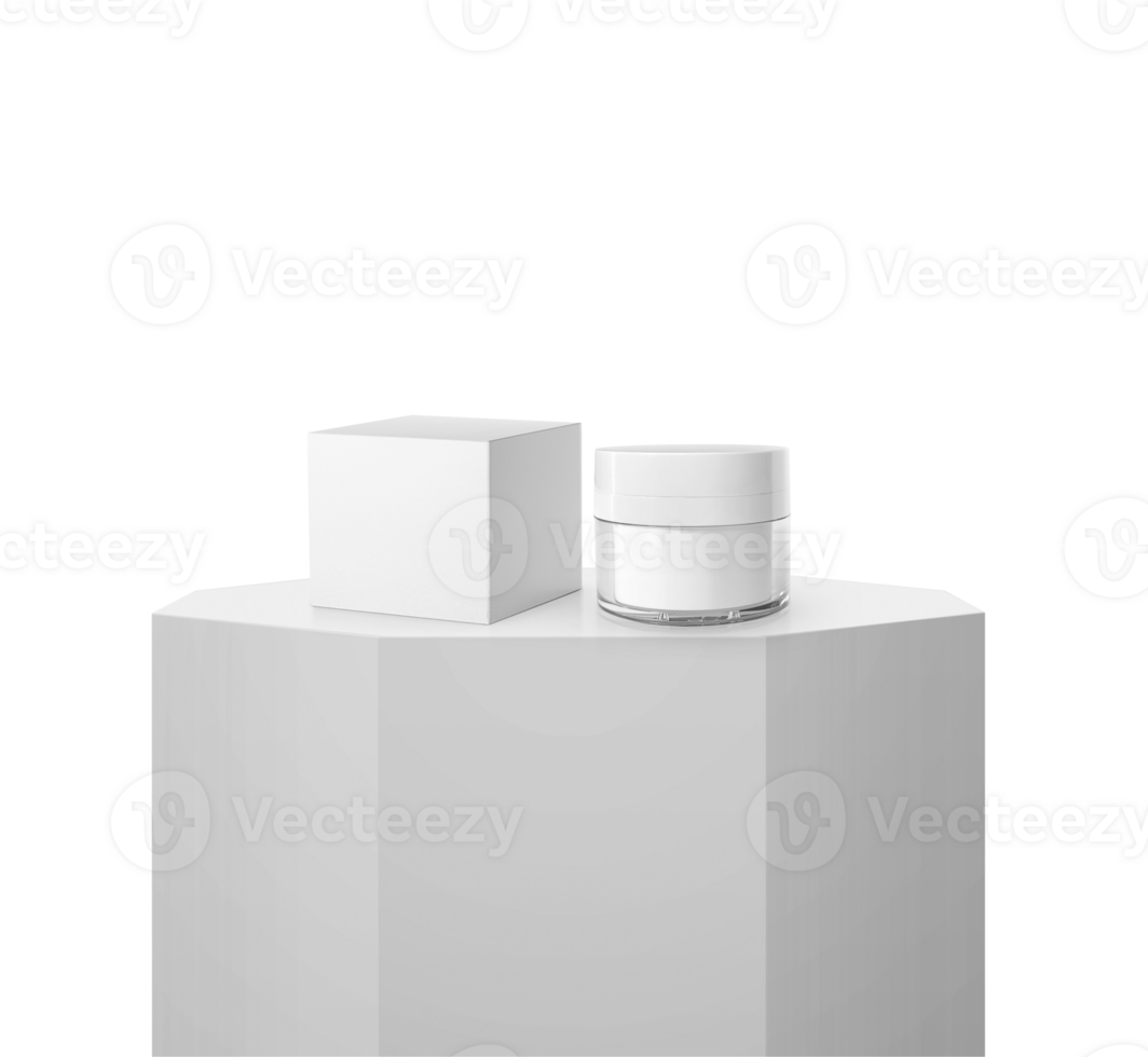 Cosmetic jar with packaging box mockup on Shiny white round pedestal podium. transparent background png
