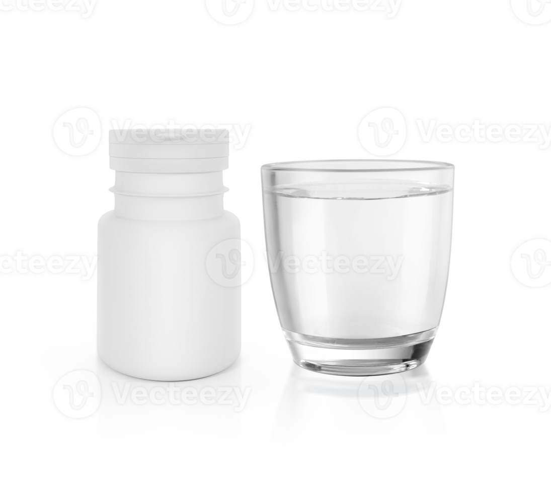 Complete prescription set up showing a glass of water, a white blank plastic medicine bottle. transparent background png
