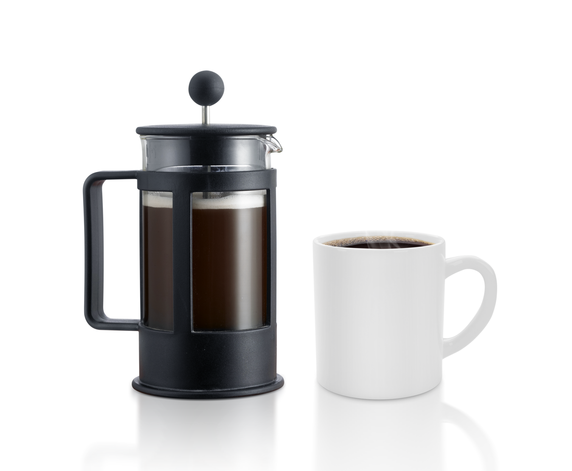 A coffee press and coffee cup with smoke. transparent background