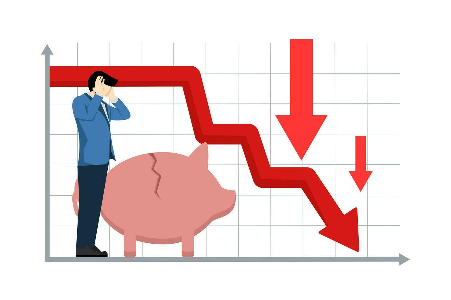 roto cerdito banco concepto como un metáfora para negocio bancarrota. problemas de reembolso de económico préstamos, inversión fracasos y presupuesto colapsar. financiero crisis. plano vector ilustración.