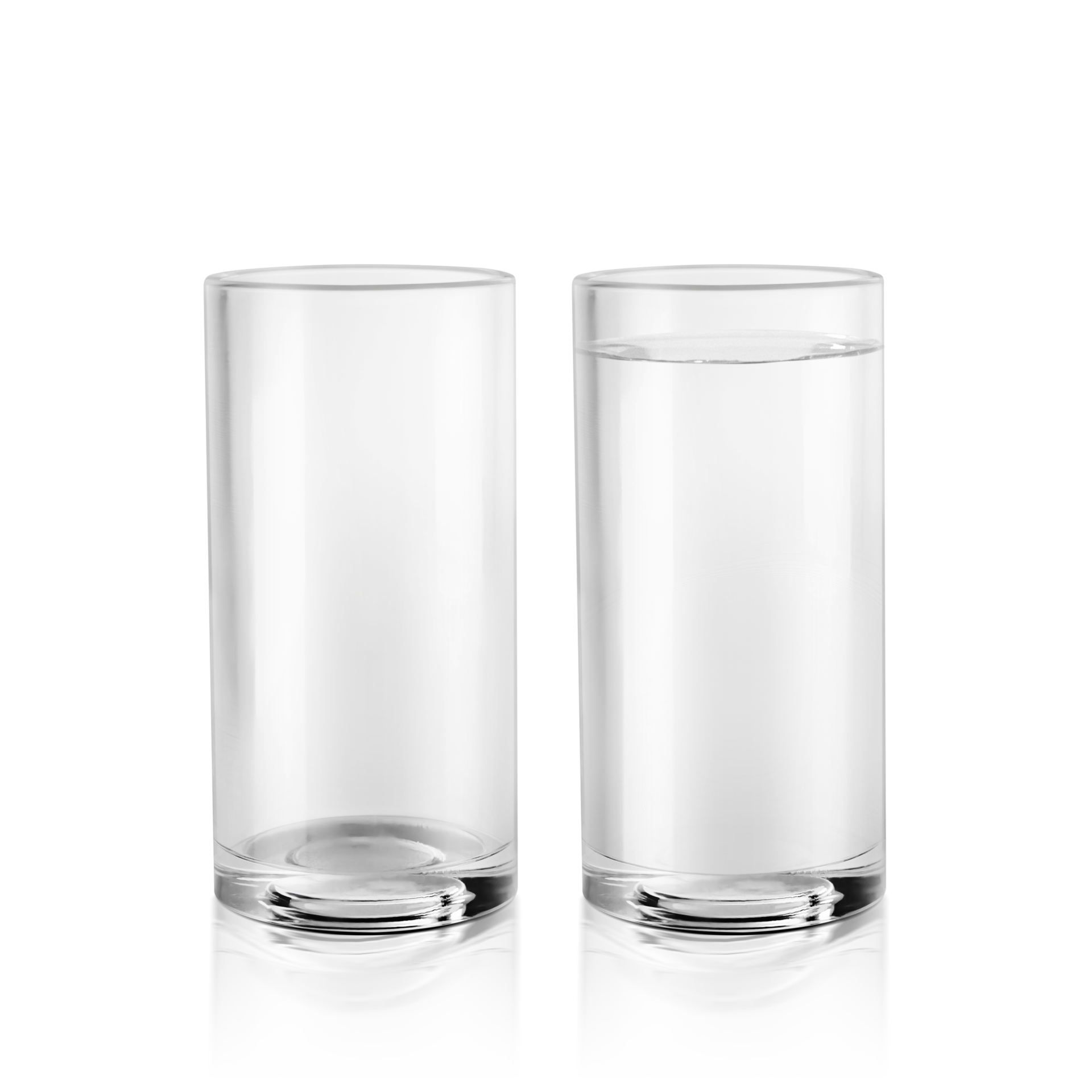 Empty water glass and glass of still water. transparent background