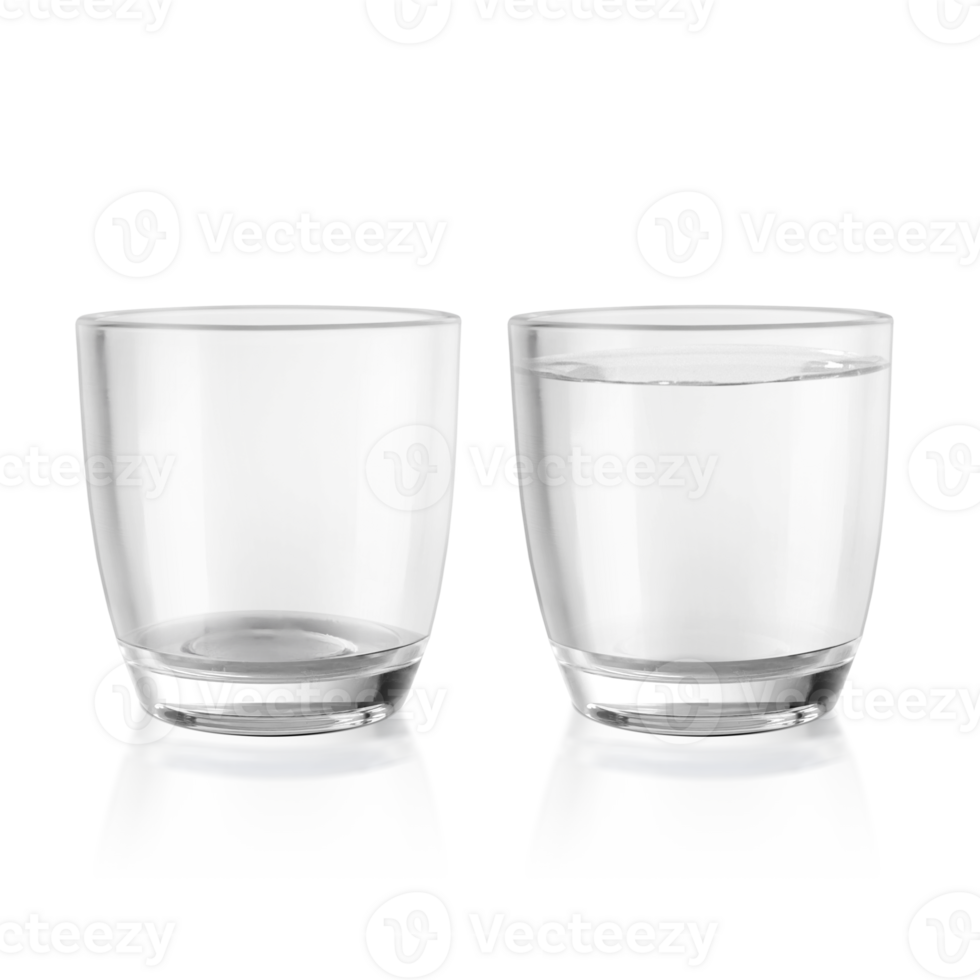 Empty water glass and glass of still water. transparent background