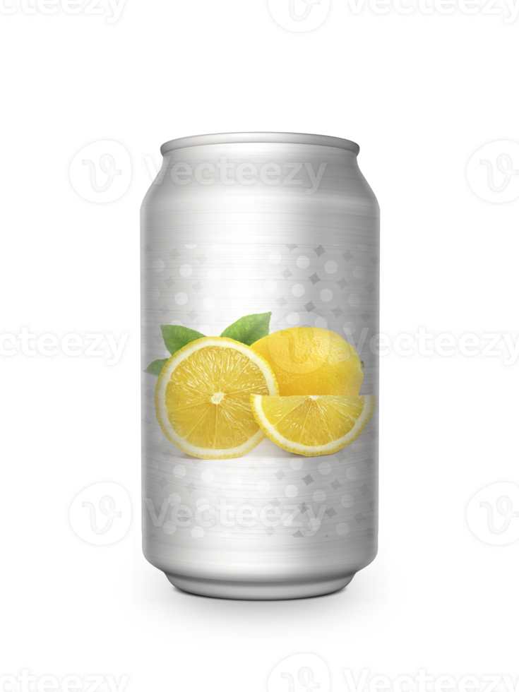 Fresh lemon soft drink in aluminum can. transparent background png