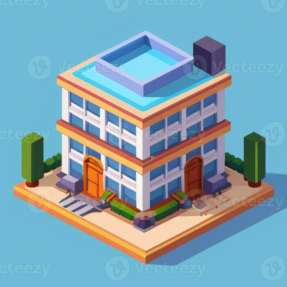 AI generated Isometric Building House Commercial Clip Art Icon Sticker Decoration Simple Background photo