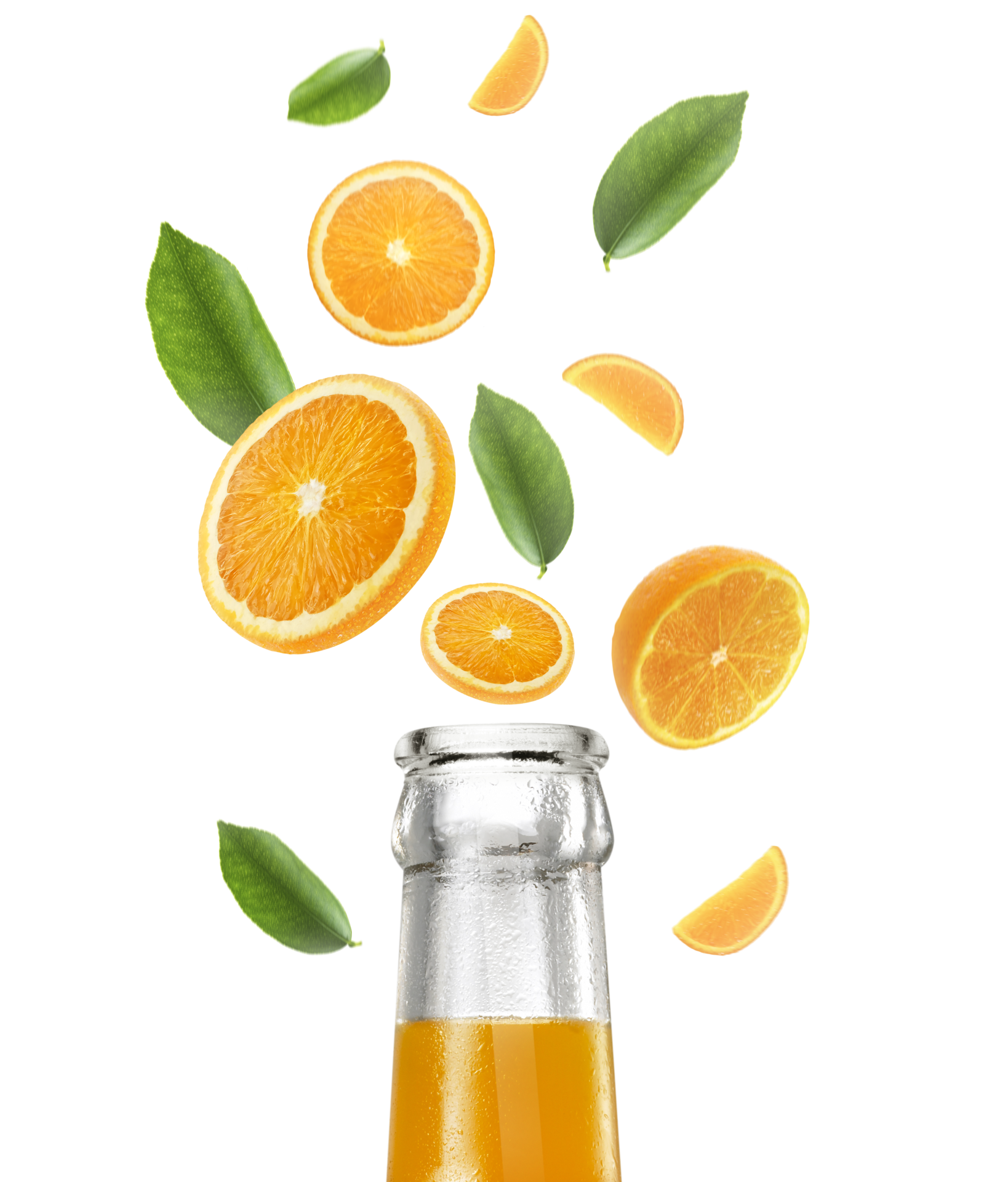 Orange juice bottle and Falling juicy oranges with green leaves