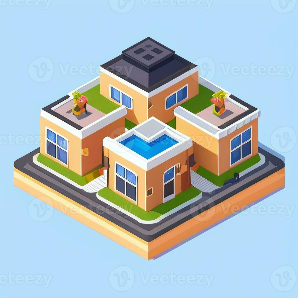 AI generated Isometric Building House Commercial Clip Art Icon Sticker Decoration Simple Background photo