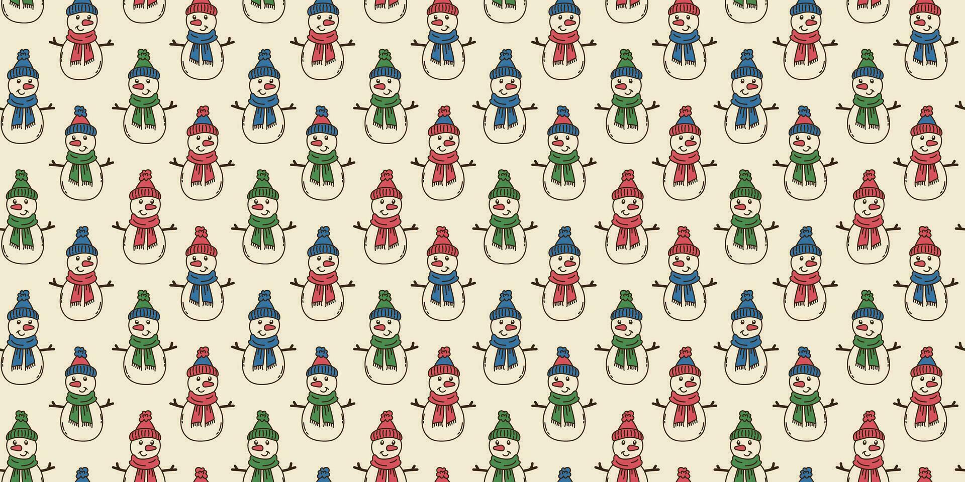Colorful seamless pattern with doodle elements of Merry Christmas in hand drawn style and vintage colors. Snowman in hat and scarf. For textile, wrapper, background. vector