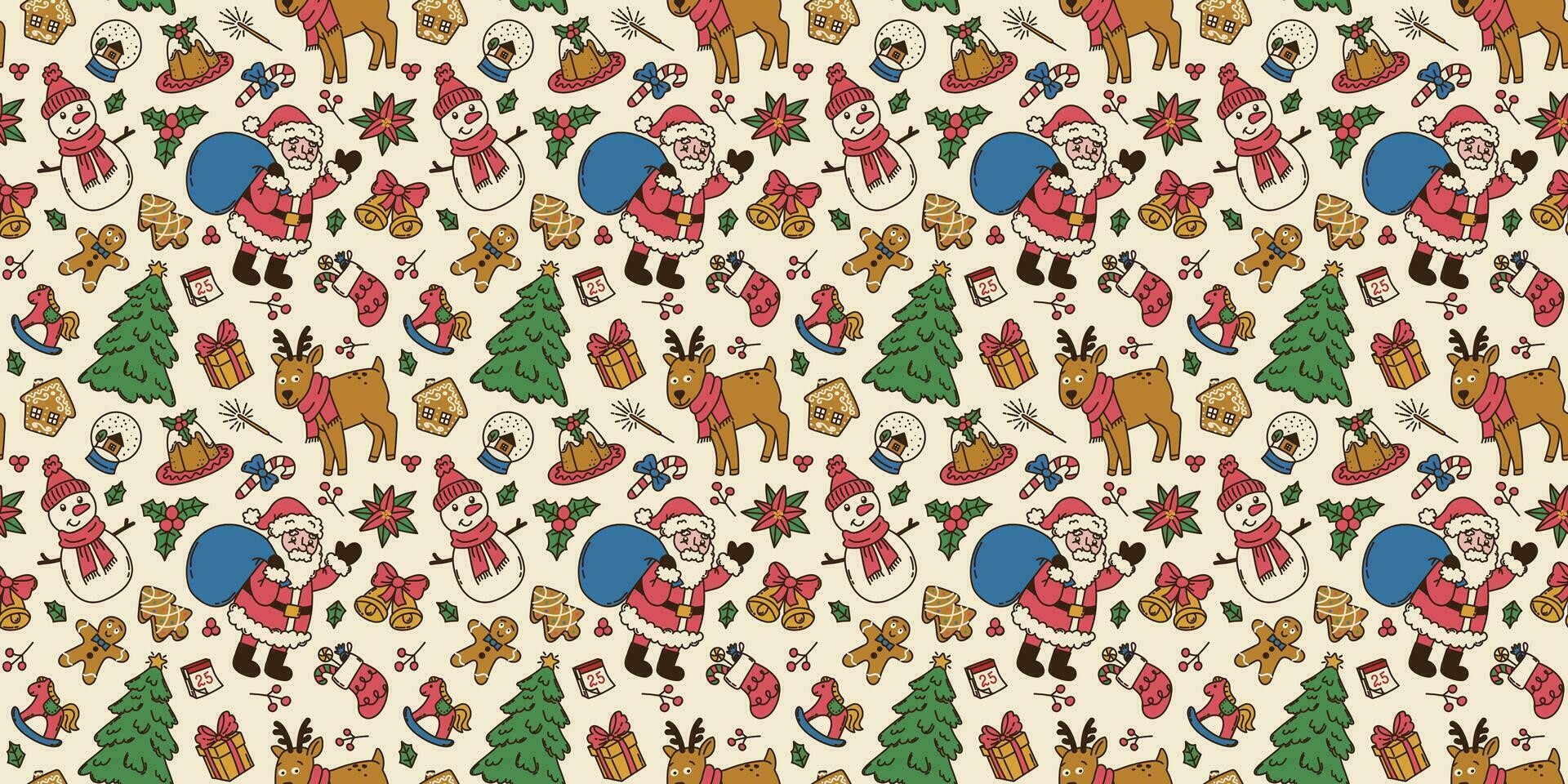 Colorful seamless pattern with doodle elements of Merry Christmas in hand drawn style and vintage colors. Santa Claus, deer, tree, bell, cookies, gift box. For textile, wrapper, background. vector