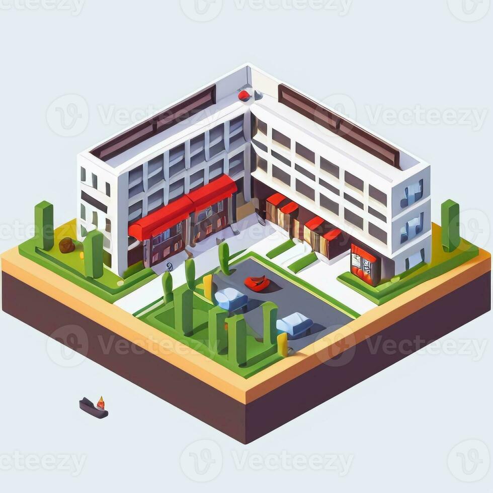 AI generated Isometric Building House Commercial Clip Art Icon Sticker Decoration Simple Background photo