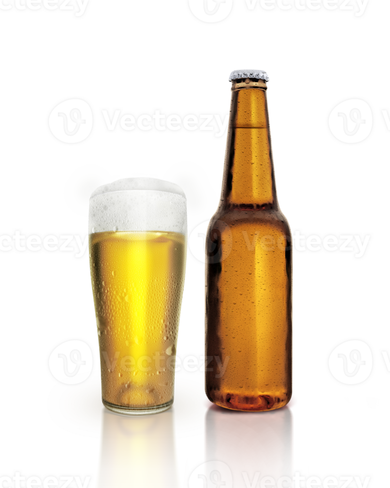 Glass and bottle of beer with water droplets. transparent background png