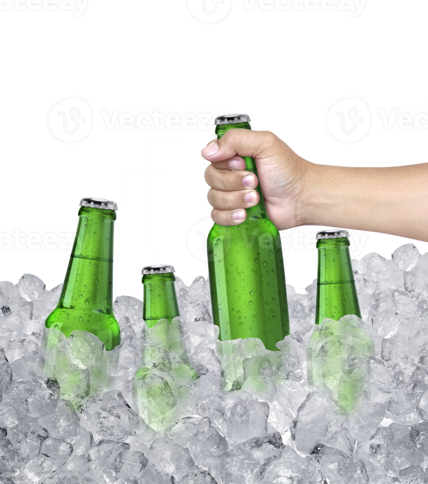 Man holding cold beer bottle in ice cube with chilled beer bottle