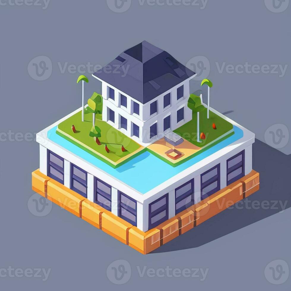 AI generated Isometric Building House Commercial Clip Art Icon Sticker Decoration Simple Background photo