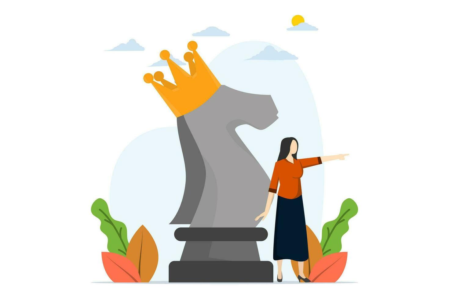 Concept of strategy to win business competition, business challenges or tactics to overcome obstacles, leadership to make decisions, smart woman pointing finger to direct chess knight with king crown. vector