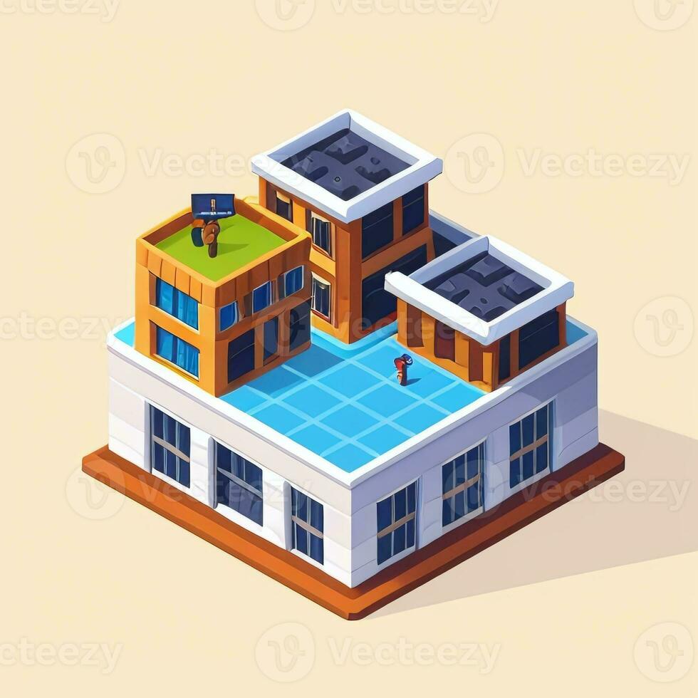 AI generated Isometric Building House Commercial Clip Art Icon Sticker Decoration Simple Background photo