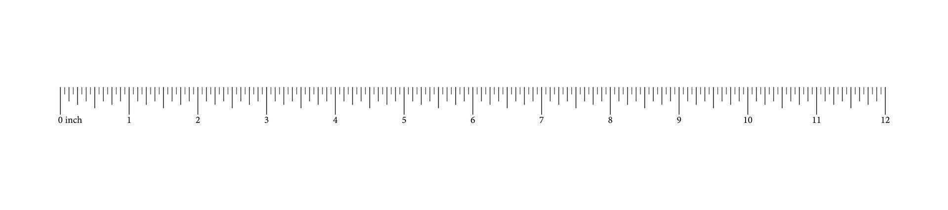 Ruler 12 inches, foot. Math, geometric tool for distance. Height, length measurement scale with markup and numbers. Measuring horizontal chart. Vector template.
