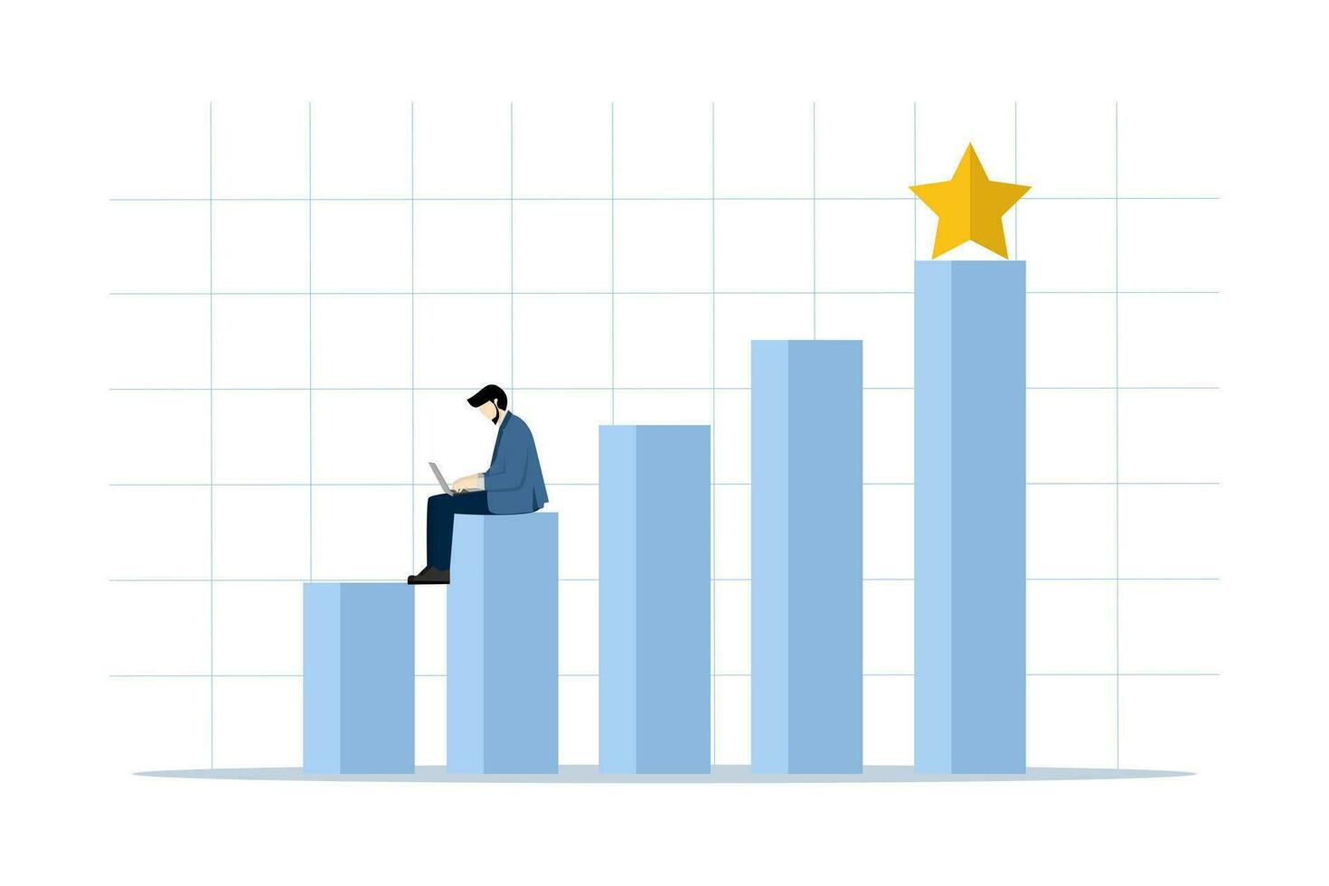 concepto de difícil trabajo para carrera crecimiento y salario aumentar, financiero y económico crecimiento, estudiando nuevo negocio desarrollo perspectivas, creciente ganancias, un hombre se sienta con un ordenador portátil en un creciente cuadro. vector