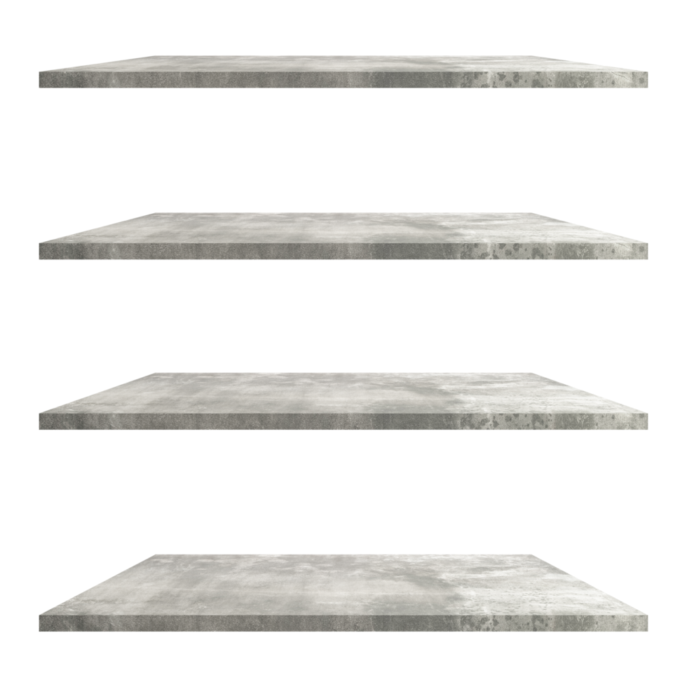 4 set cement shelves table isolated on transparent background. Png realistic design element.