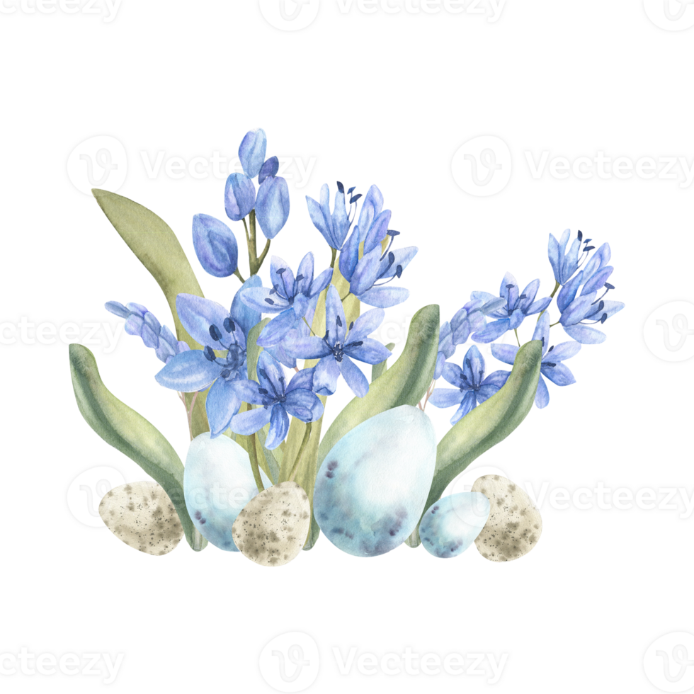 acquerello primavera Pasqua composizione. mano disegnato pastello blu fiori con Vintage ▾ uova in giro per vacanza, invito, logo, etichetta design png