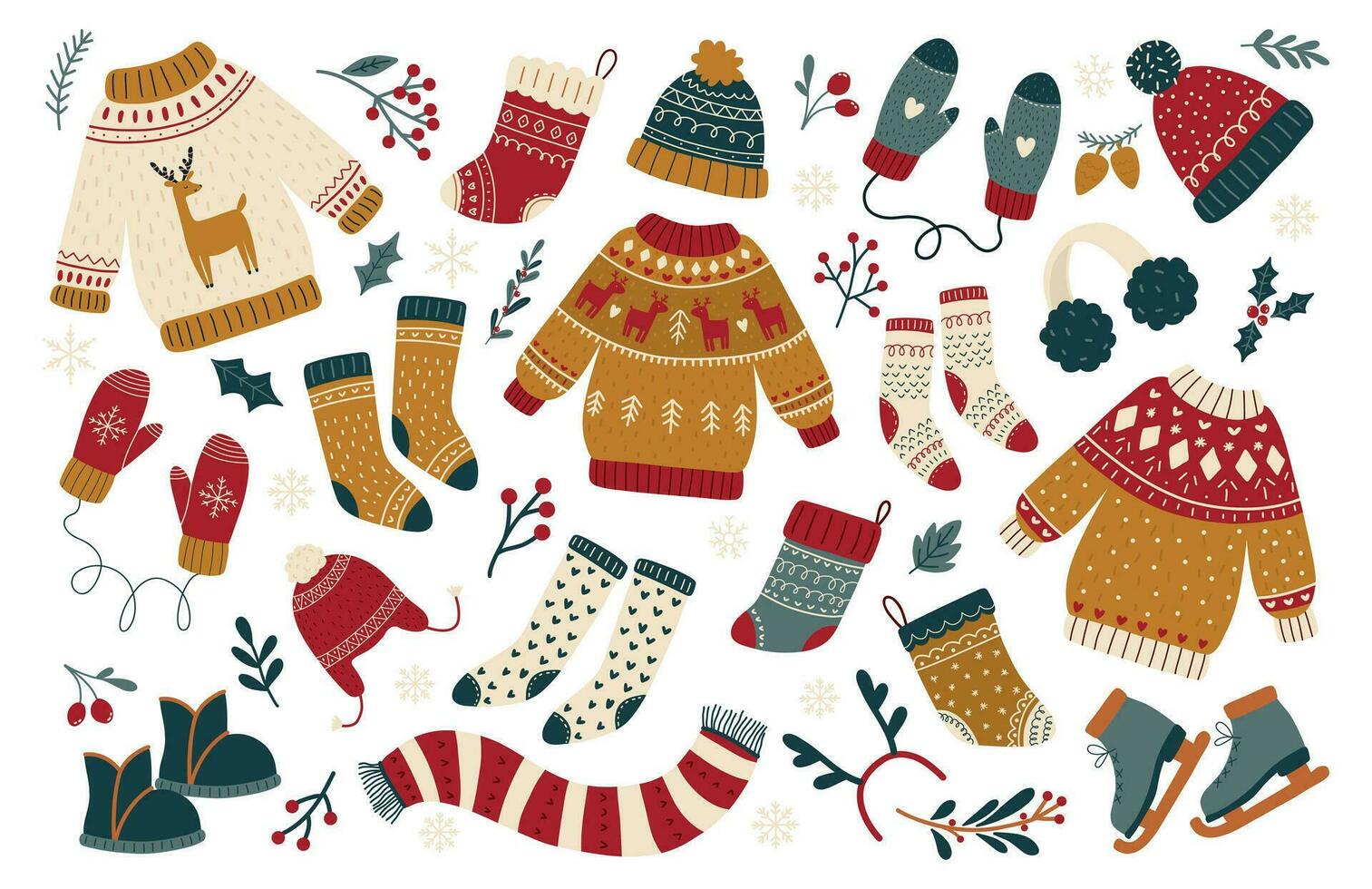 Cozy Winter Holiday Set. Christmas Design Elements. Cute hygge clothes, Christmas plants and snowflakes. Colored flat vector illustration on white background.
