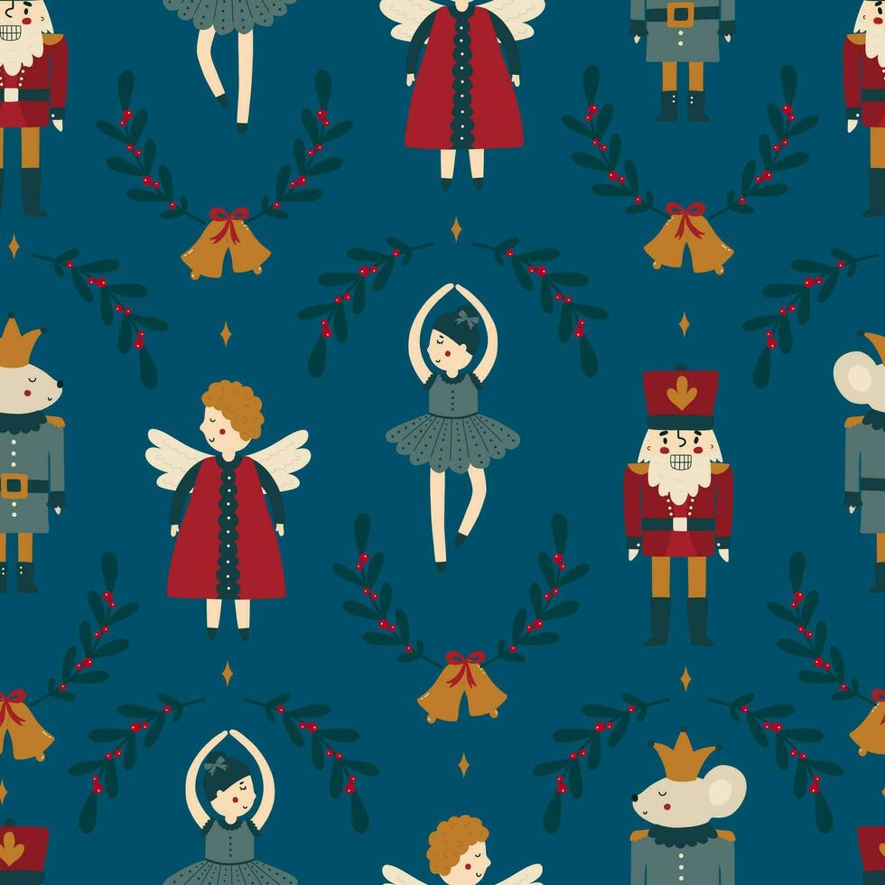 Christmas tree decorations flat vector seamless pattern. Traditional winter holiday cartoon texture. Decorative xmas toys illustration. New year backdrop. Festive wrapping paper, wallpaper design.