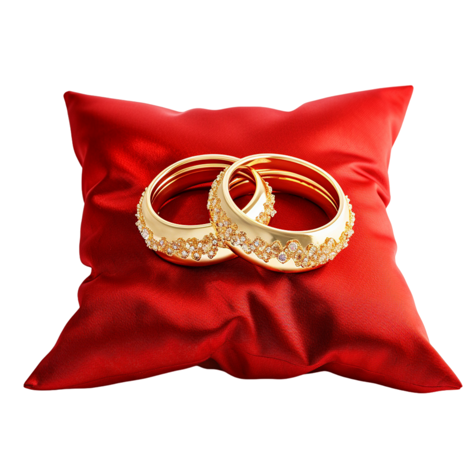 AI generated Wedding golden rings with diamonds on red ceremonial png