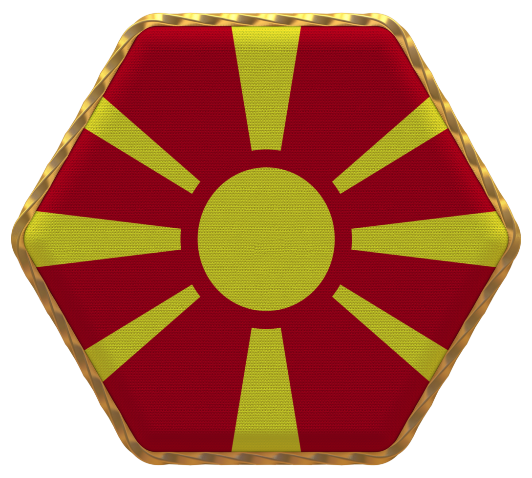 North Macedonia Flag in Hexagon Shape with Gold Border, Bump Texture, 3D Rendering png