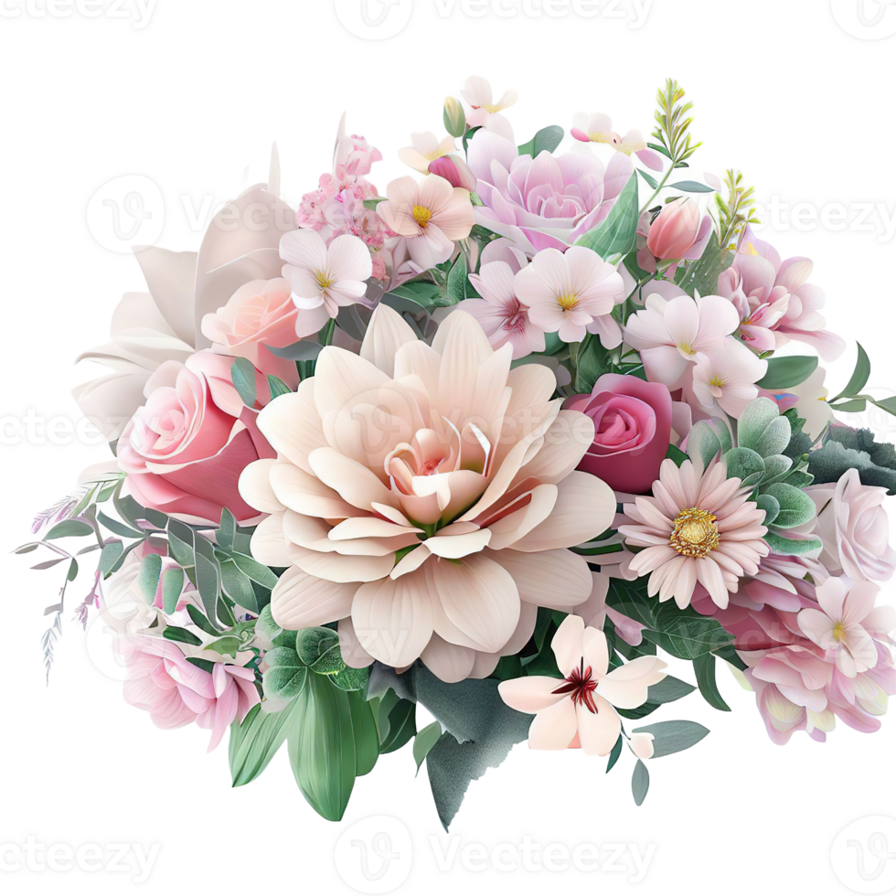AI generated Beautiful bouquet of flowers isolated flowers illustration.gift box on white background Birthday, Wedding, Mother's Day, Valentine's day, Women's Day flowers and leaves for invitation png
