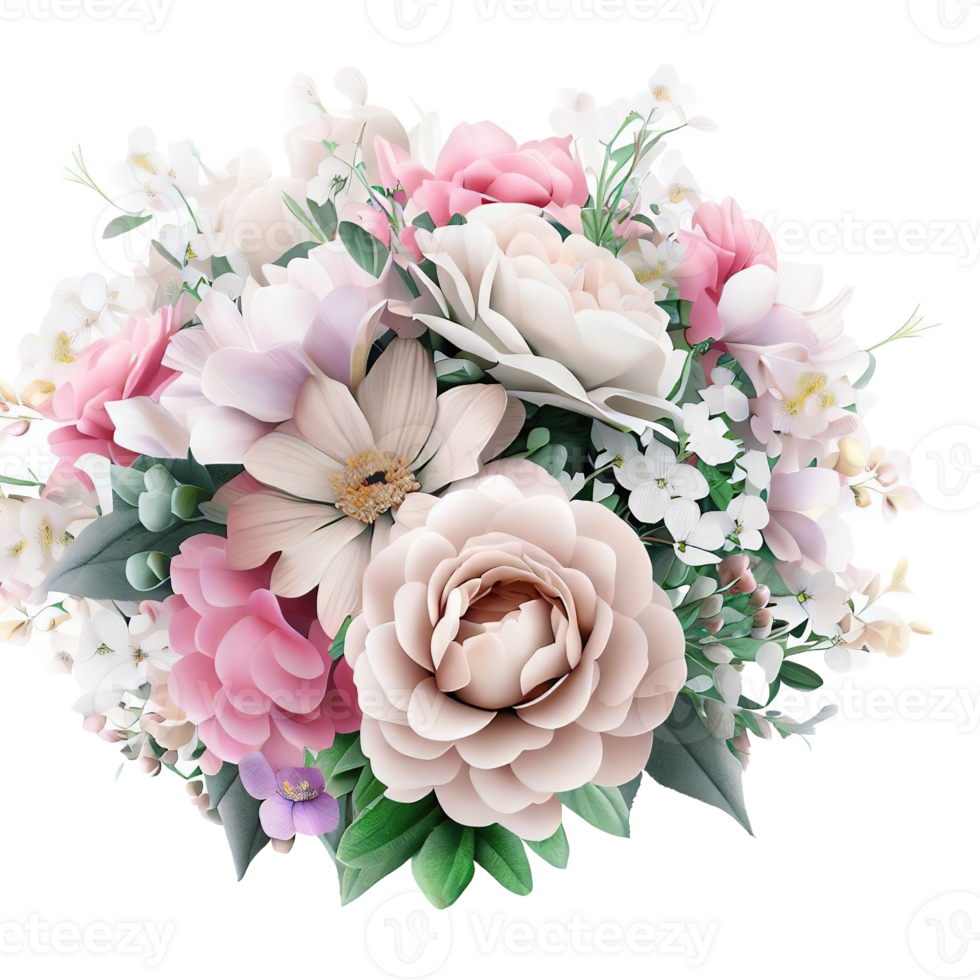 AI generated Beautiful bouquet of flowers isolated flowers illustration.gift box on white background Birthday, Wedding, Mother's Day, Valentine's day, Women's Day flowers and leaves for invitation png