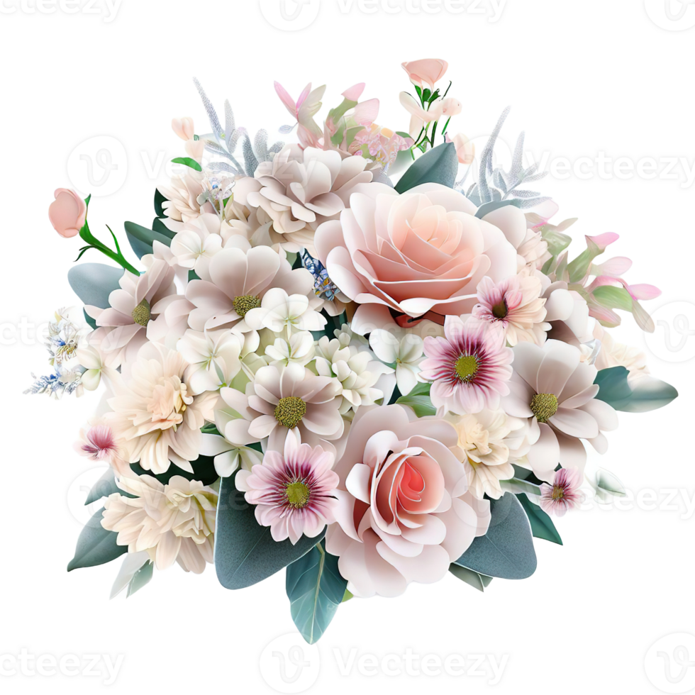 AI generated Beautiful bouquet of flowers isolated flowers illustration.gift box on white background Birthday, Wedding, Mother's Day, Valentine's day, Women's Day flowers and leaves for invitation png