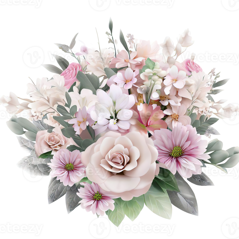 AI generated Beautiful bouquet of flowers isolated flowers illustration.gift box on white background Birthday, Wedding, Mother's Day, Valentine's day, Women's Day flowers and leaves for invitation png