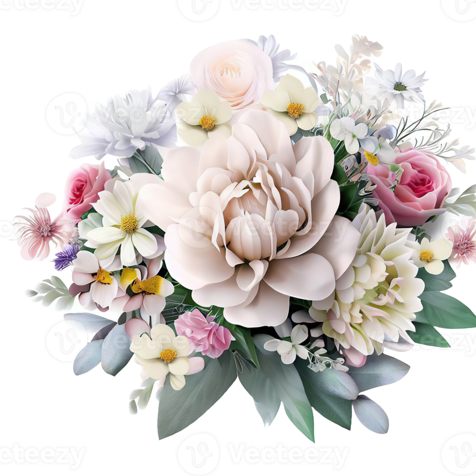 AI generated Beautiful bouquet of flowers isolated flowers illustration.gift box on white background Birthday, Wedding, Mother's Day, Valentine's day, Women's Day flowers and leaves for invitation png