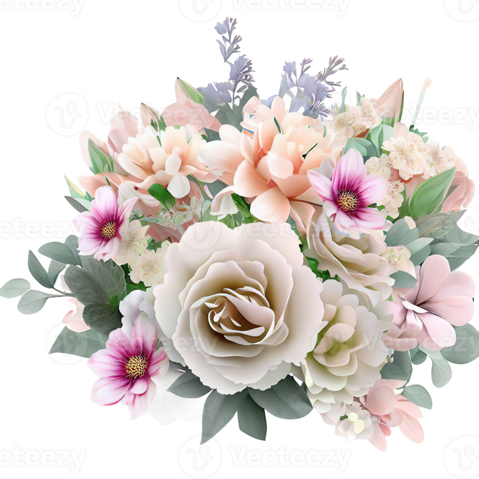 AI generated Beautiful bouquet of flowers isolated flowers illustration.gift box on white background Birthday, Wedding, Mother's Day, Valentine's day, Women's Day flowers and leaves for invitation png
