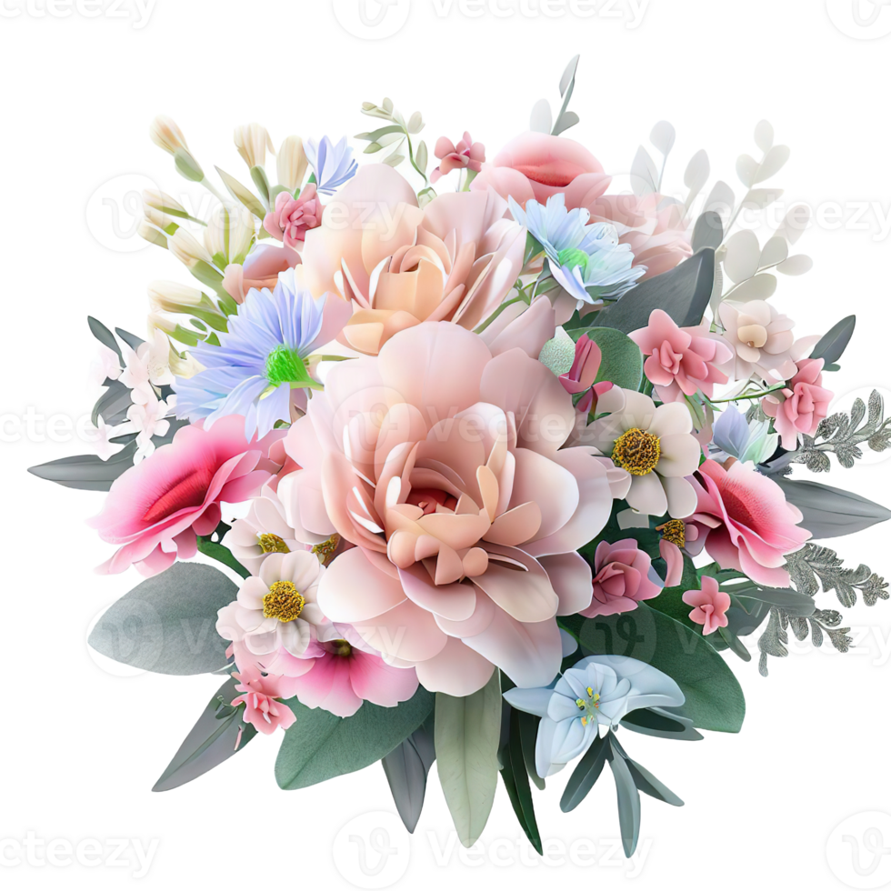 AI generated Beautiful bouquet of flowers isolated flowers illustration.gift box on white background Birthday, Wedding, Mother's Day, Valentine's day, Women's Day flowers and leaves for invitation png