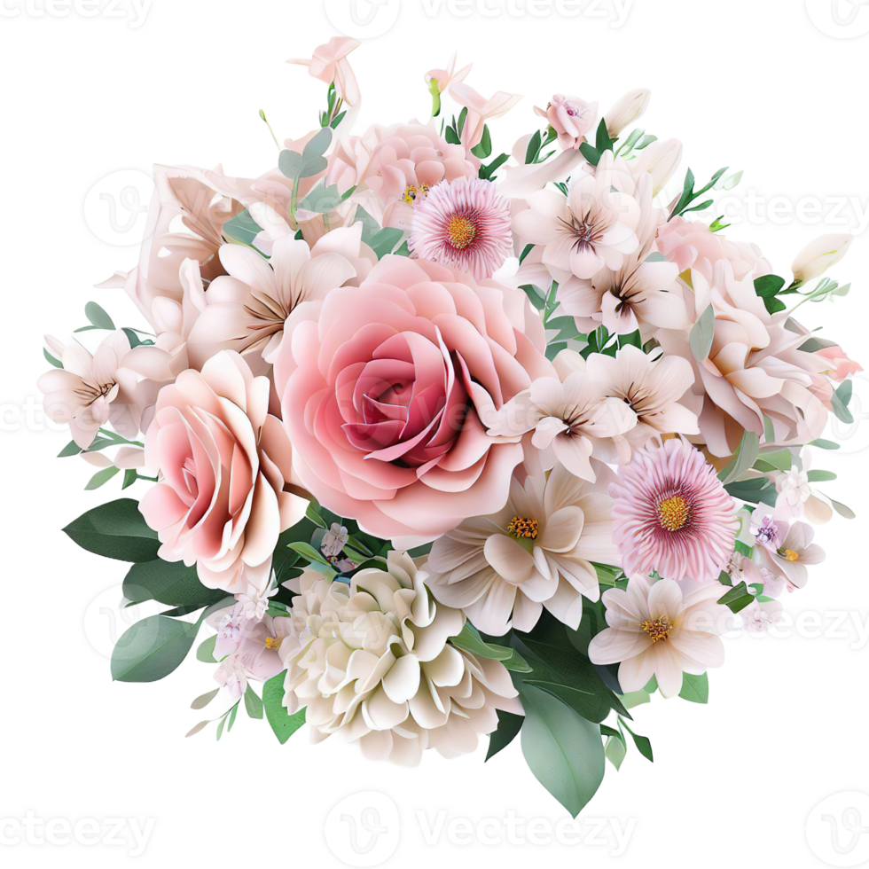 AI generated Beautiful bouquet of flowers isolated flowers illustration.gift box on white background Birthday, Wedding, Mother's Day, Valentine's day, Women's Day flowers and leaves for invitation png