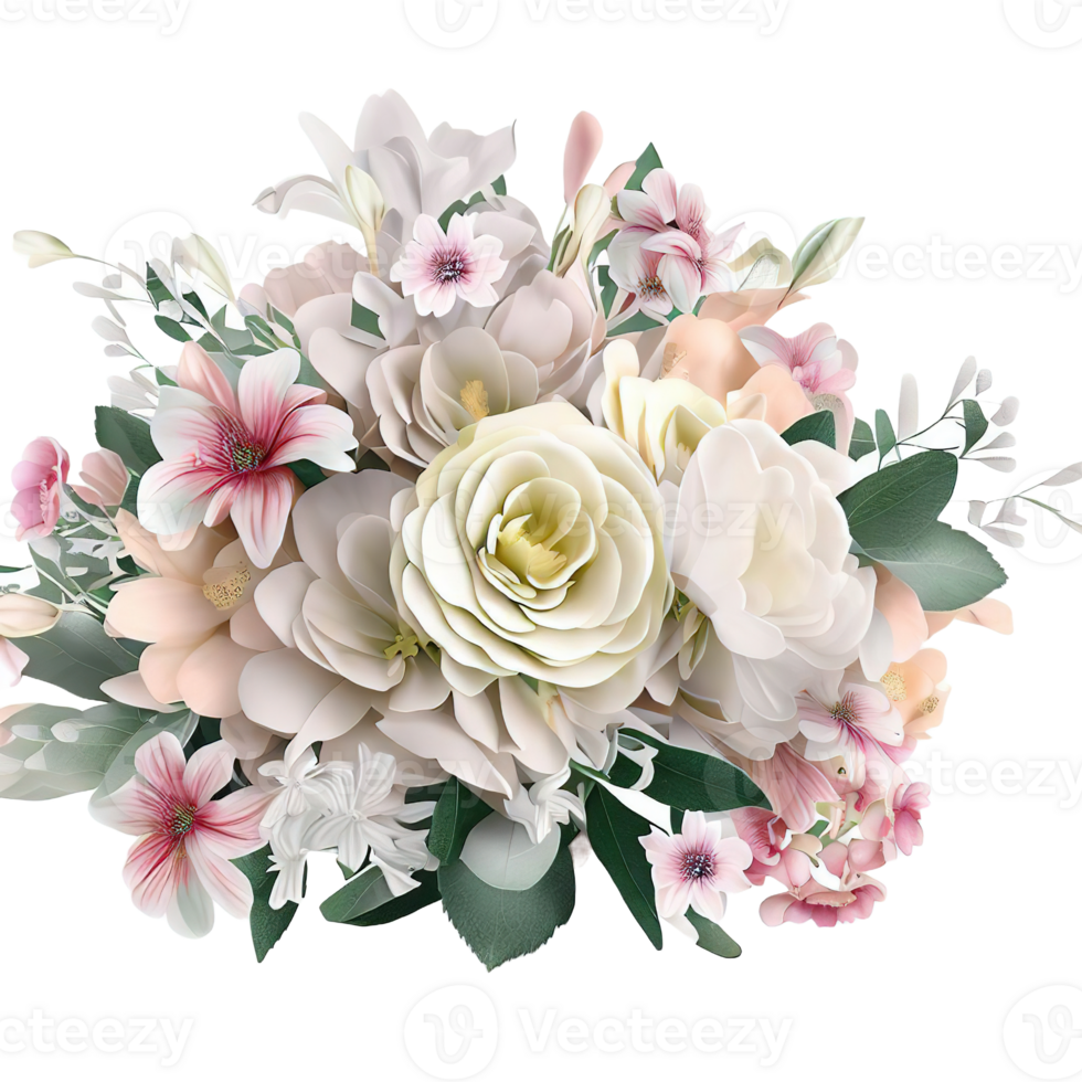 AI generated Beautiful bouquet of flowers isolated flowers illustration.gift box on white background Birthday, Wedding, Mother's Day, Valentine's day, Women's Day flowers and leaves for invitation png