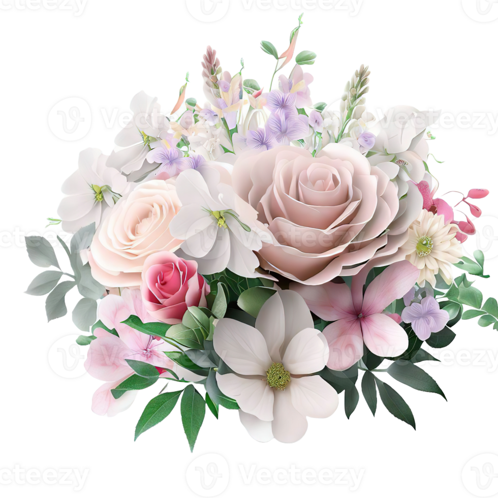 AI generated Beautiful bouquet of flowers isolated flowers illustration.gift box on white background Birthday, Wedding, Mother's Day, Valentine's day, Women's Day flowers and leaves for invitation png