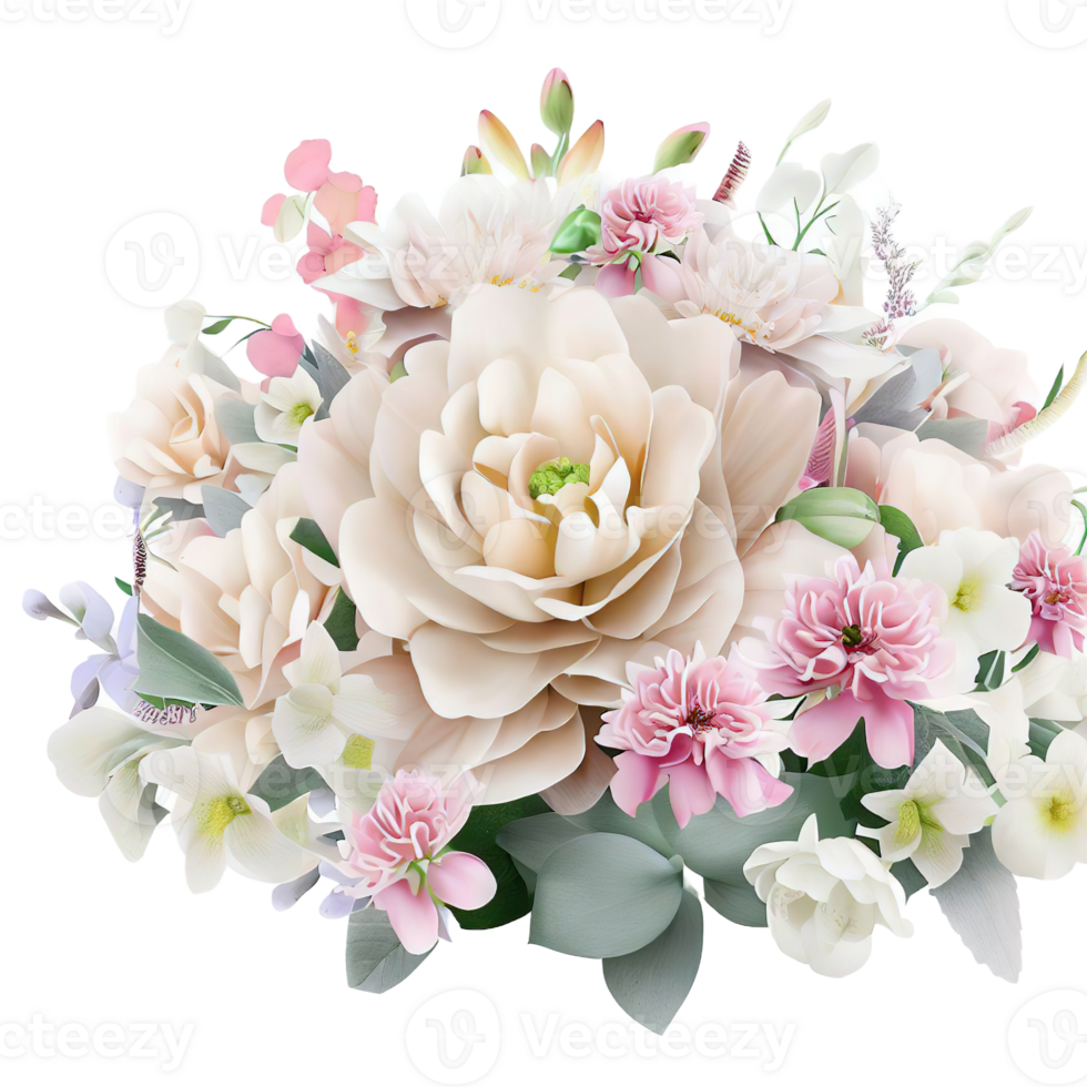 AI generated Beautiful bouquet of flowers isolated flowers illustration.gift box on white background Birthday, Wedding, Mother's Day, Valentine's day, Women's Day flowers and leaves for invitation png