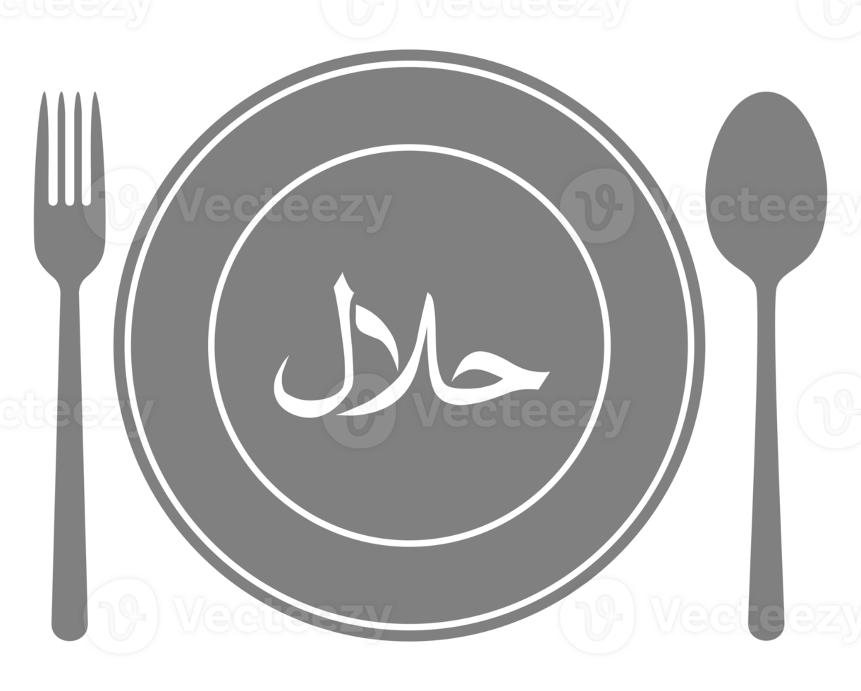 halal icona simbolo su il piatto, forchetta e cucchiaio per islamico cibo e bevanda, può uso per logo grammo, sito web, striscione, culinario manifesto, etichetta, cibo e bevanda menù disegno, ristorante pubblicità. png