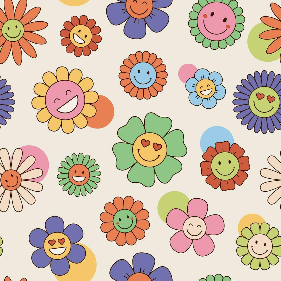 Hippie flowers seamless pattern, background. Cute vintage style, retro flowers with faces, emojis, smiles vector