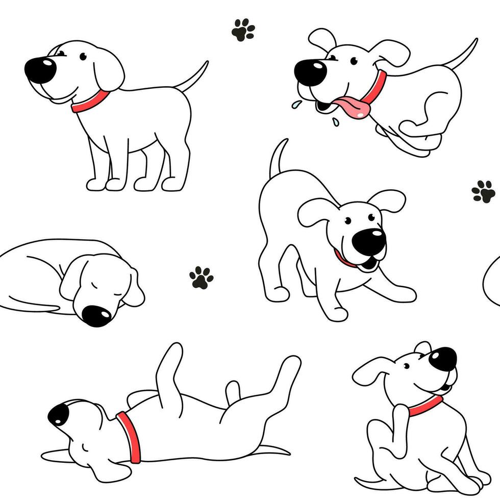 Cartoon dog seamless pattern, background. Funny happy dog, comic character in various poses, vector drawing