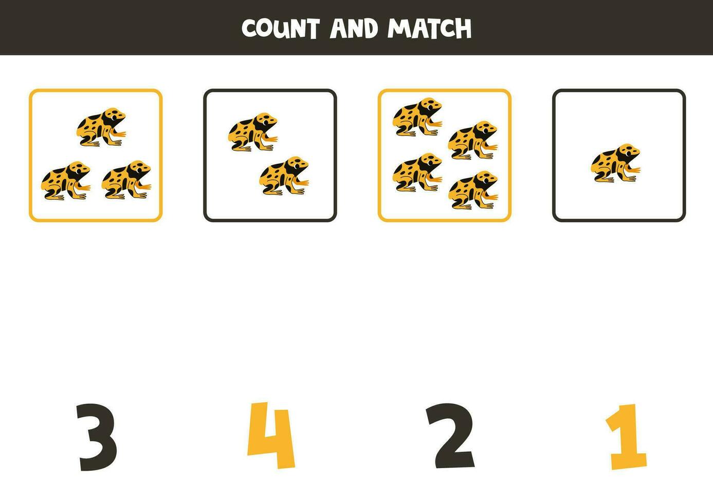 Count all yellow banded poison dart frogs and match with the correct number. vector