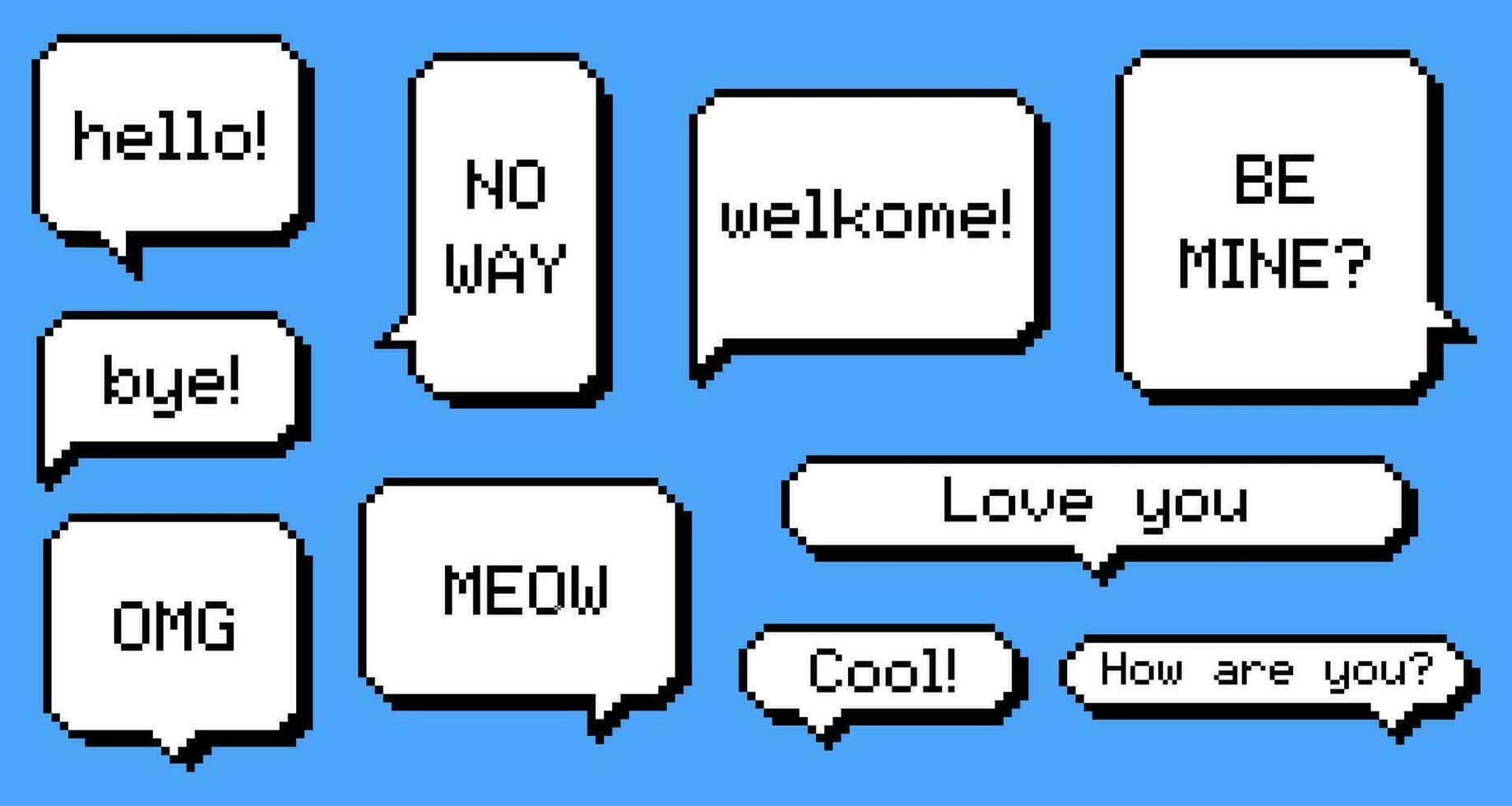 Collection different pixel texting dialogue boxes or speech bubble with phrases isolated on blue background vector