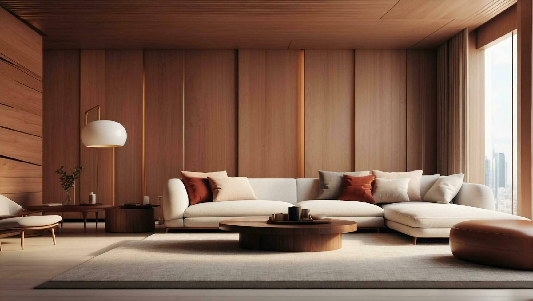 AI generated Minimalist Living Room with Wood Panel Accent, Modern Architectural Design. 3D Illustration photo
