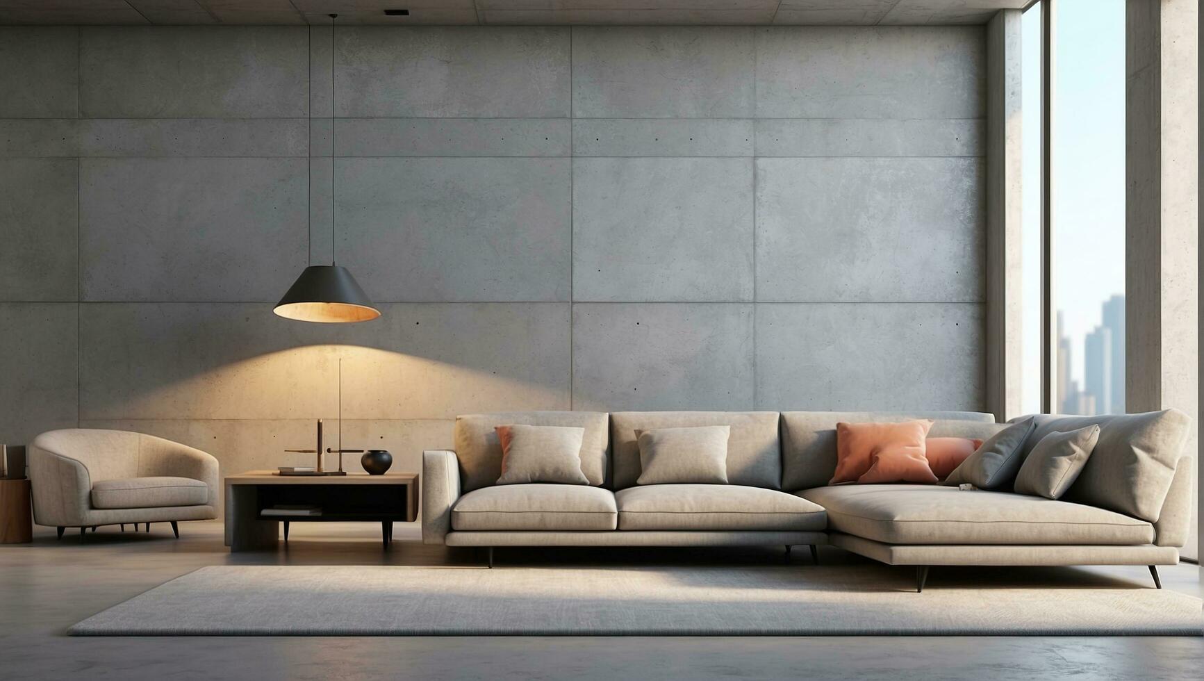 AI generated Minimalist Living Room with Wood Panel Accent, Modern Architectural Design. 3D Illustration photo