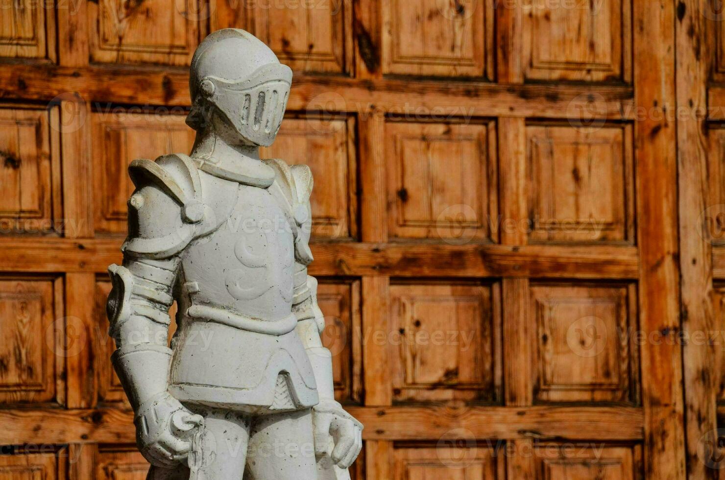 a statue of a knight standing in front of a wooden door photo