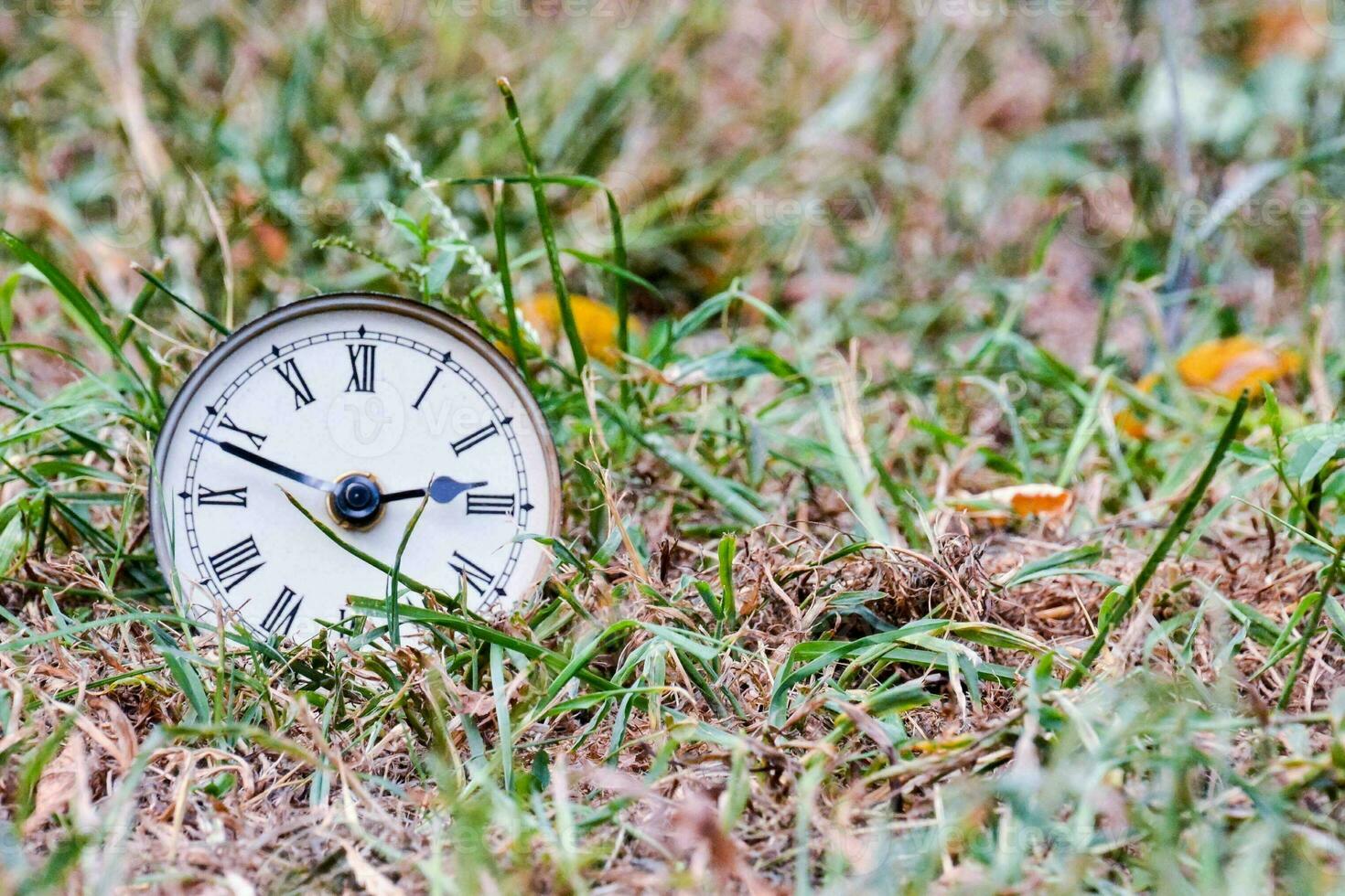 an old clock sitting in the grass photo