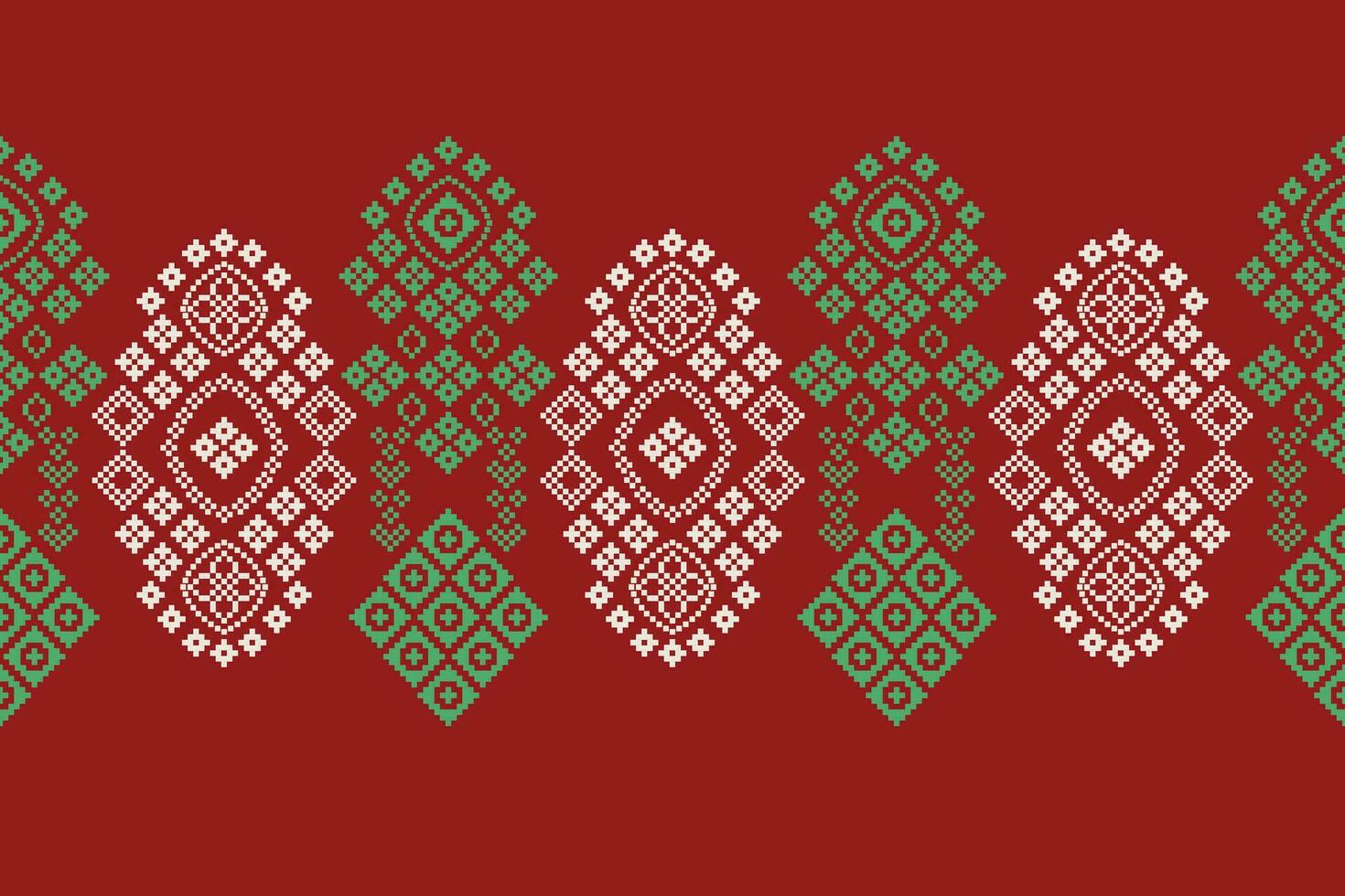 Ethnic geometric fabric pattern Cross Stitch.Ikat embroidery Ethnic oriental Pixel pattern red christmas day background. Abstract,vector,illustration. Texture,frame,decoration,motifs,silk wallpaper. vector